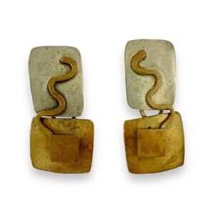 Brutalist Style Two Tone Metal Bronze Tome Artisan Rustic Pierced Earrings